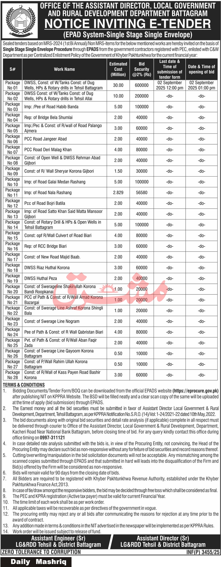 Local Government & Rural Development Department Battagram Tender Notice